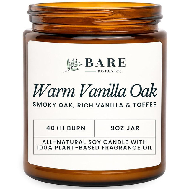 Bare Botanics Warm Vanilla Oak 9oz Soy Candle - 100% Plant-Based Fragrance Oils - Premium, Non-Toxic Candle - Softly Scented Natural Soy Wax - Handpoured in WI - 40 Hrs Long Burning & Ready to Gift