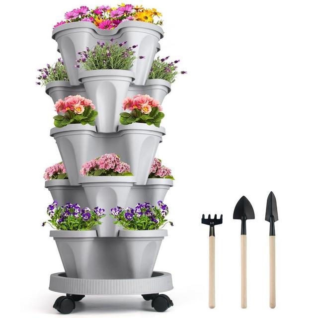 Vertical Planter 5 Tier Stackable Planters Garden Planters Strawberry Herb Flower and Vegetable Planter Indoor Outdoor Gardening Pots with Removable Wheels and Tools