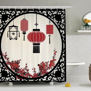 Lantern Decor by Ambesonne, Lanterns with Japanese Sakura Cherry Blossom Trees and Round Ornate Figure Graphic, Polyester Fabric Bathroom Shower Curtain Set with Hooks, Red Beige Black