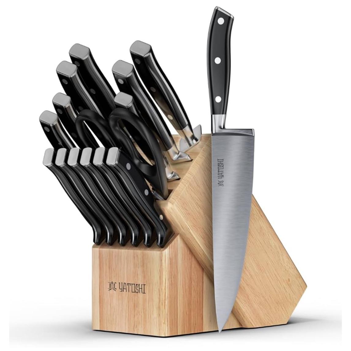 Yatoshi 15 Piece Black Knife Block Set - Pro Kitchen Knife Set Ultra Sharp High Carbon Stainless Steel with Ergonomic Handle