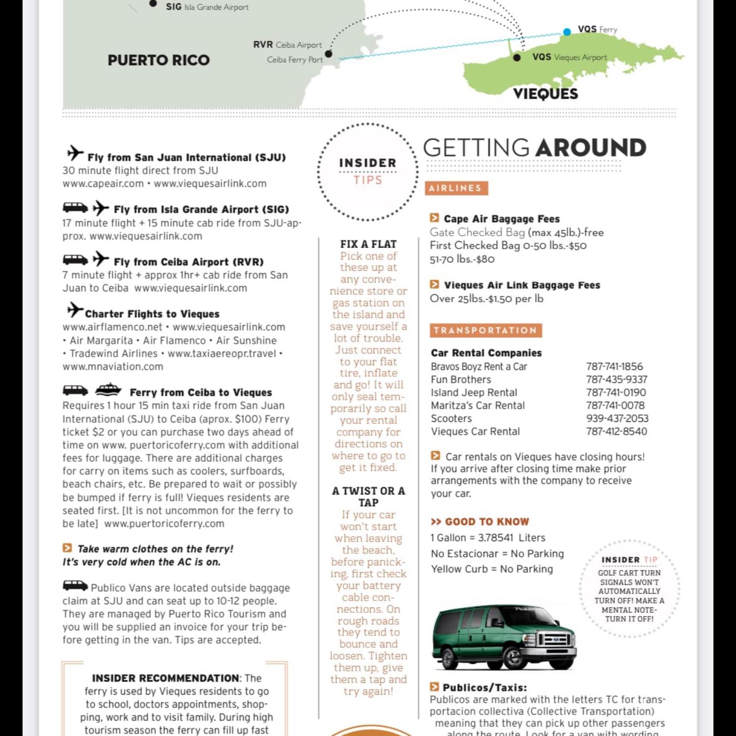Great little cheat sheet for booking connecting flights to Vieques as well as rental car information