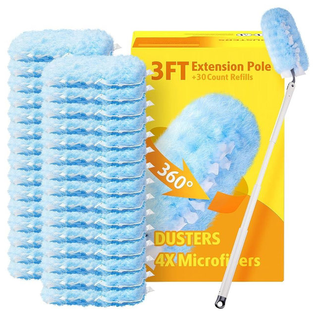30 Count Heavy Duty Duster Refills with 3 ft Extendable Handle Starter Kit, Compatible with Swiffer Disposable Microfiber Feather Dusters for Cleaning Home