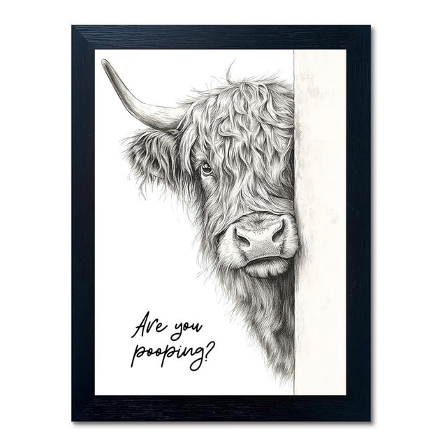 Funny Highland Cow Bathroom Wall Art - Rustic Farmhouse Wall Decor with Humorous Are You Pooping Canvas Print, Cute Animal Wall Art for Restroom - Black Framed Cow Pictures Wall Decor Ready to Hang 8"x10"
