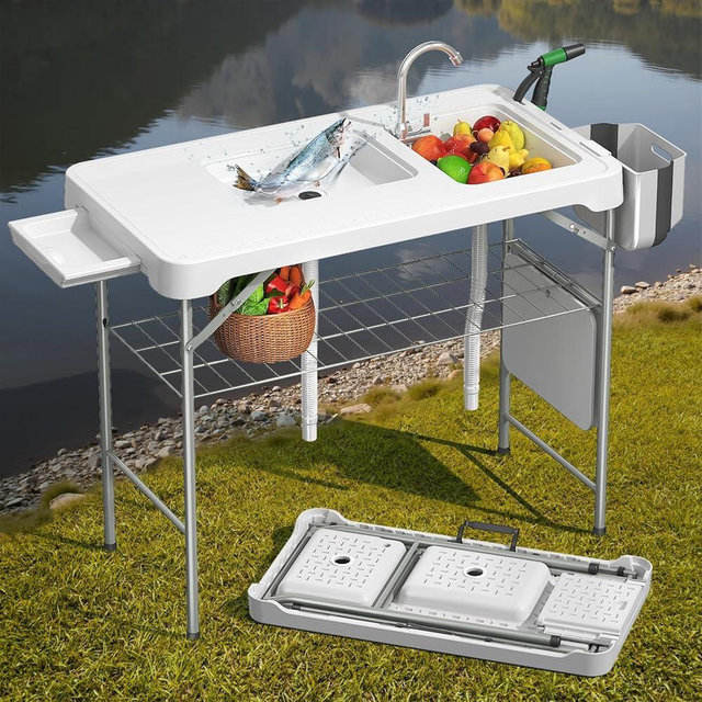 Folding Fish Cleaning Table with 2 Sinks, 42.5'' Portable Camping Sink Table with Foldable Faucet, Drainage Hose, Sprayer, Storage Box,Drawer & Grooves, Outdoor Fillet Station for Picnic, White