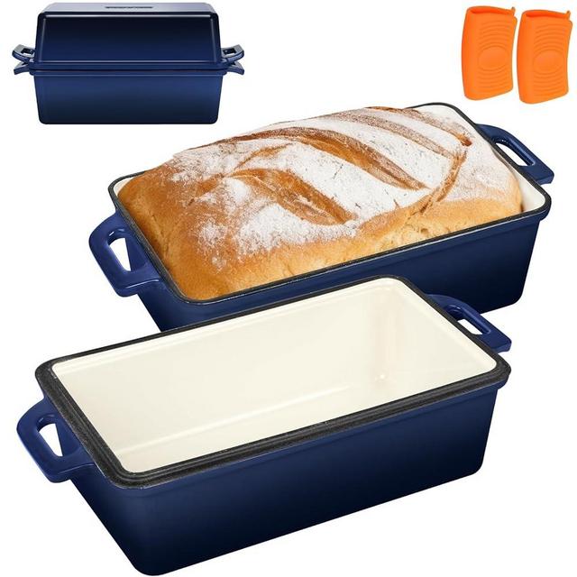 Wildone 2 in 1 Enameled Cast Iron Bread Pan with Lid, 9x5 Loaf Pans for Homemade Sourdough Bread, Cake, Meatloaf, Even Heating Bread Dutch Oven, Navy Blue