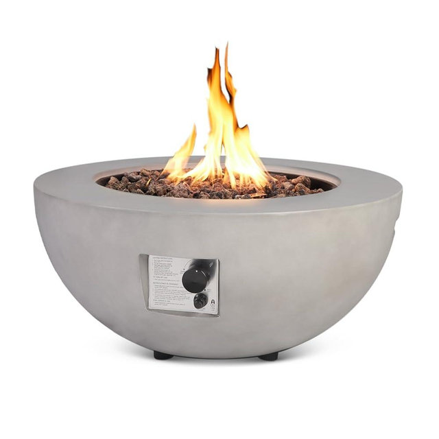 ReeQuo 31.5 Inch Round Propane Fire Pit Table - Concrete Round Fire Bowl 50,000 BTU Natural Gas Firepit Burner with Steel Lid, Lava Rocks, Waterproof Cover for Outside Patio, Backyard, Party