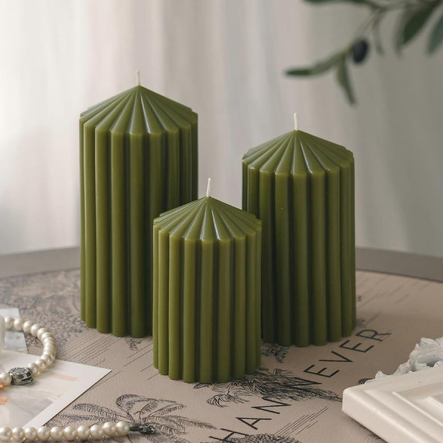 3 Pack Dark Moss Green Ribbed Pillar Candles - Unscented Olive Green Pillar Candle, 2.76" x4.2/4.9/5.9 in Smokeless, Modern Candles for Home Decor, Dinner Table, Living Room, Housewarming Gift