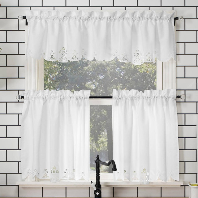 36"x58" Mariela Floral Trim Semi-Sheer Rod Pocket Kitchen Window Valance and Tiers Set White - No. 918