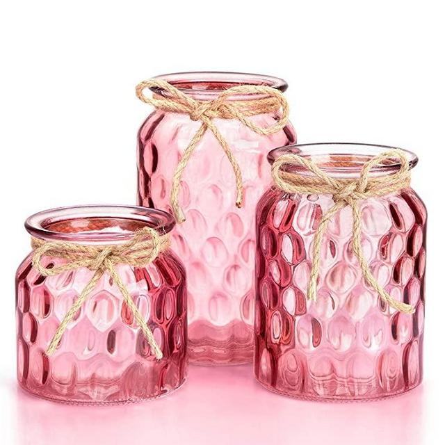 Opps Glass Bud Vases Candlestick Holders Set with Modern Oval Pattern Design – Set of 3, Pink