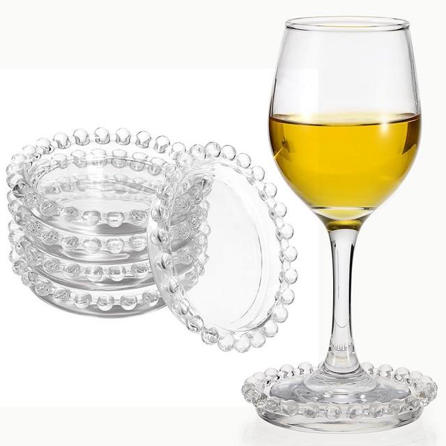 JUXYES Set of 5 Glass Coasters Round Cup Mat, Clear Glass Coasters for Drinks Coffee Tea Wine, Decorative Wine Bottle Coasters Crystal Drink Coasters for Restaurant Kitchen bar Dining Table, 3.7 Inch