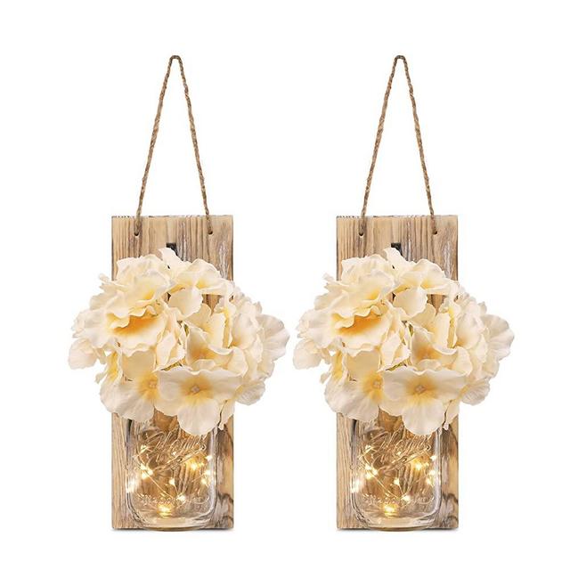 GBtroo Rustic Mason Jar Sconces for Home Decor 6 Hours Timer Decorative Flower Wall Decor with LED Strip Lights, Silk Hydrangea, and Wrought Iron Hooks for House Decoration (Set of 2), Brown