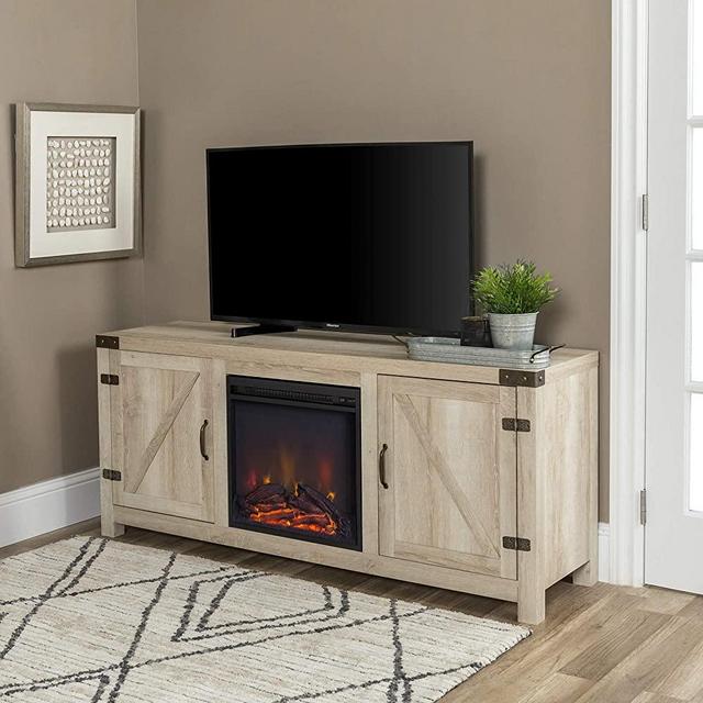 WE Furniture Farmhouse Barn Door Wood Fireplace Stand for TV's up to 64" Living Room Storage, 58", White Oak
