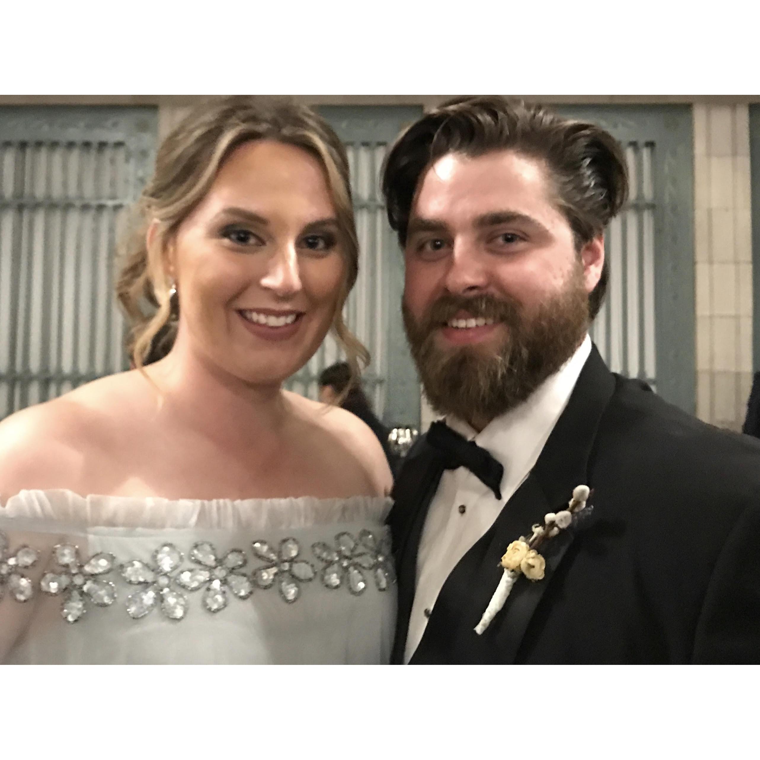 Matt with a wax figure of Elise at Sarah and Bill's wedding, 2018.
