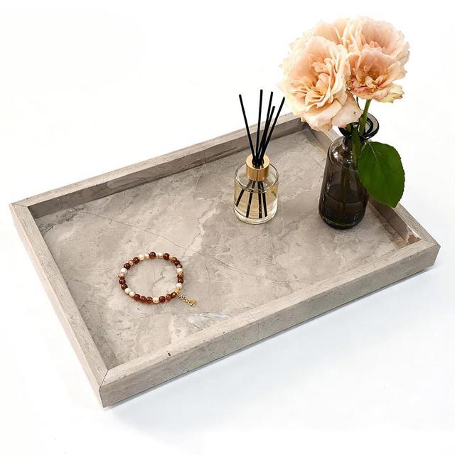 CHANGWAYNE Pure Natural Marble Tray for Bathroom, Dresser, Sink. Cosmetics, toiletries, perfumes, Jewelry, Candles, etc. can be Placed (Floral Wood Grain, 12" x 8" x 1.2")