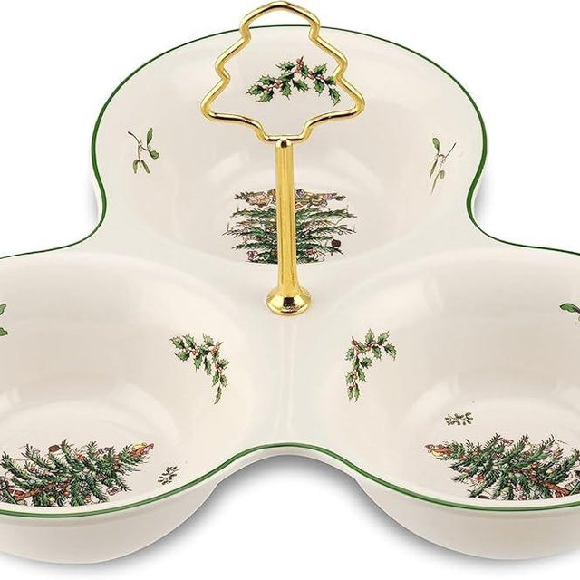 Spode Christmas Tree 3 Section Server with Tree Handle - Divided Serving Tray for Nuts, Candies, Condiments, Holiday Treats - Festive Earthenware Tableware for Seasonal Entertaining and Hosting