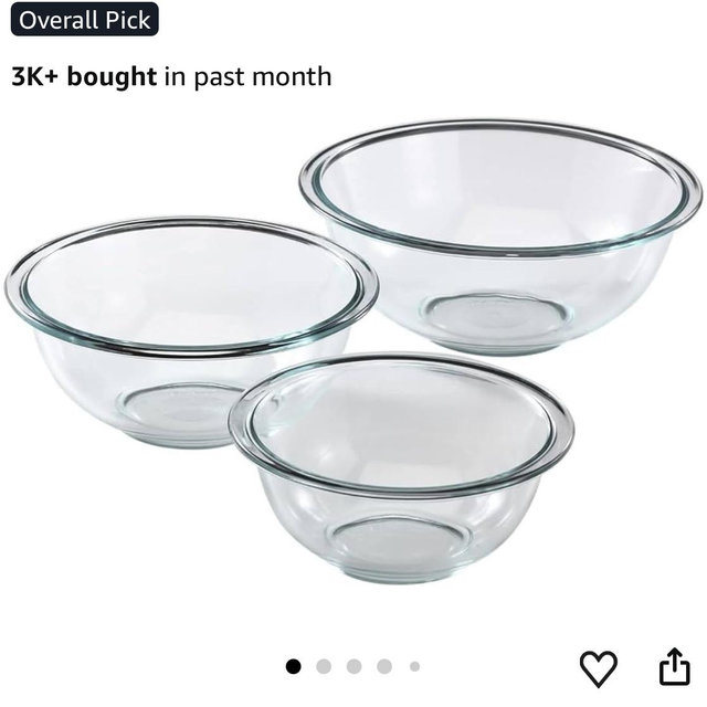 Pyrex Essentials (3-Piece) Glass Mixing Bowls Set For Prepping, Baking and Cooking, Preheated Oven, Dishwasher, Freezer, and Microwave Safe