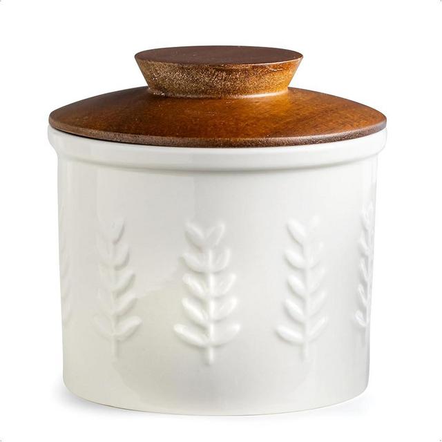YHOJOY Butter Crock, Ceramic Butter Dish with Lid for Countertop, French Butter Keeper, Elegant Embossed Pattern, White