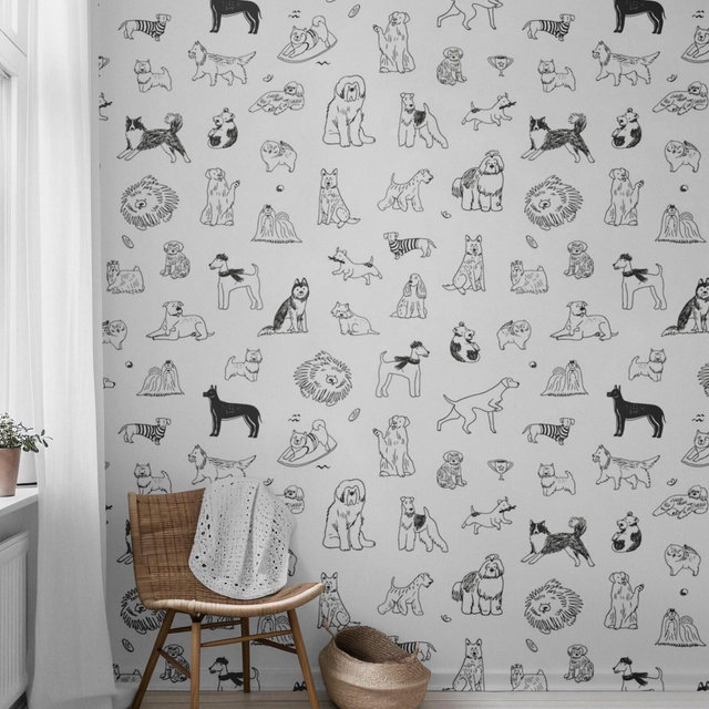 Dogs Puppies Nursery Removable Wallpaper, Wall Art, Peel and Stick Wallpaper, Accent Wall, Kids Room, Animal Wallpaper