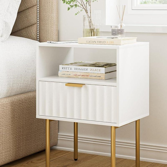 Aienvey Nightstand,Modern Bedside Table with Gold Frame,White Night Stand,Bedside Furniture, Modern Side Table with Drawer and Shelf for Bedroom,Living Room (White)