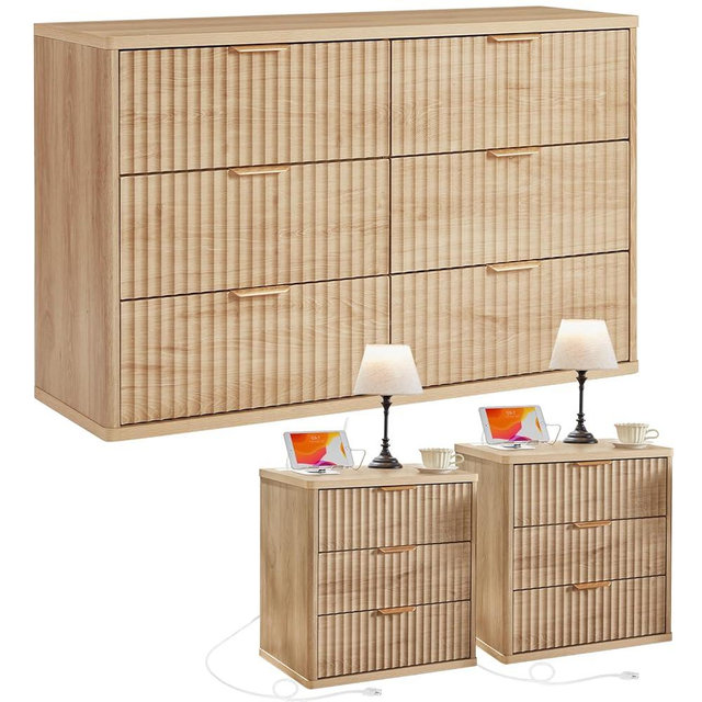 LEYAOYAO Fluted Dresser and 3 Drawers Nightstand Set of 2, Wood 48" Wide Dresser & 23" Night Stand with Charging Station, 3 Piece Bedroom Furniture Set, Chest of Drawers for Home,Living Room,Wood
