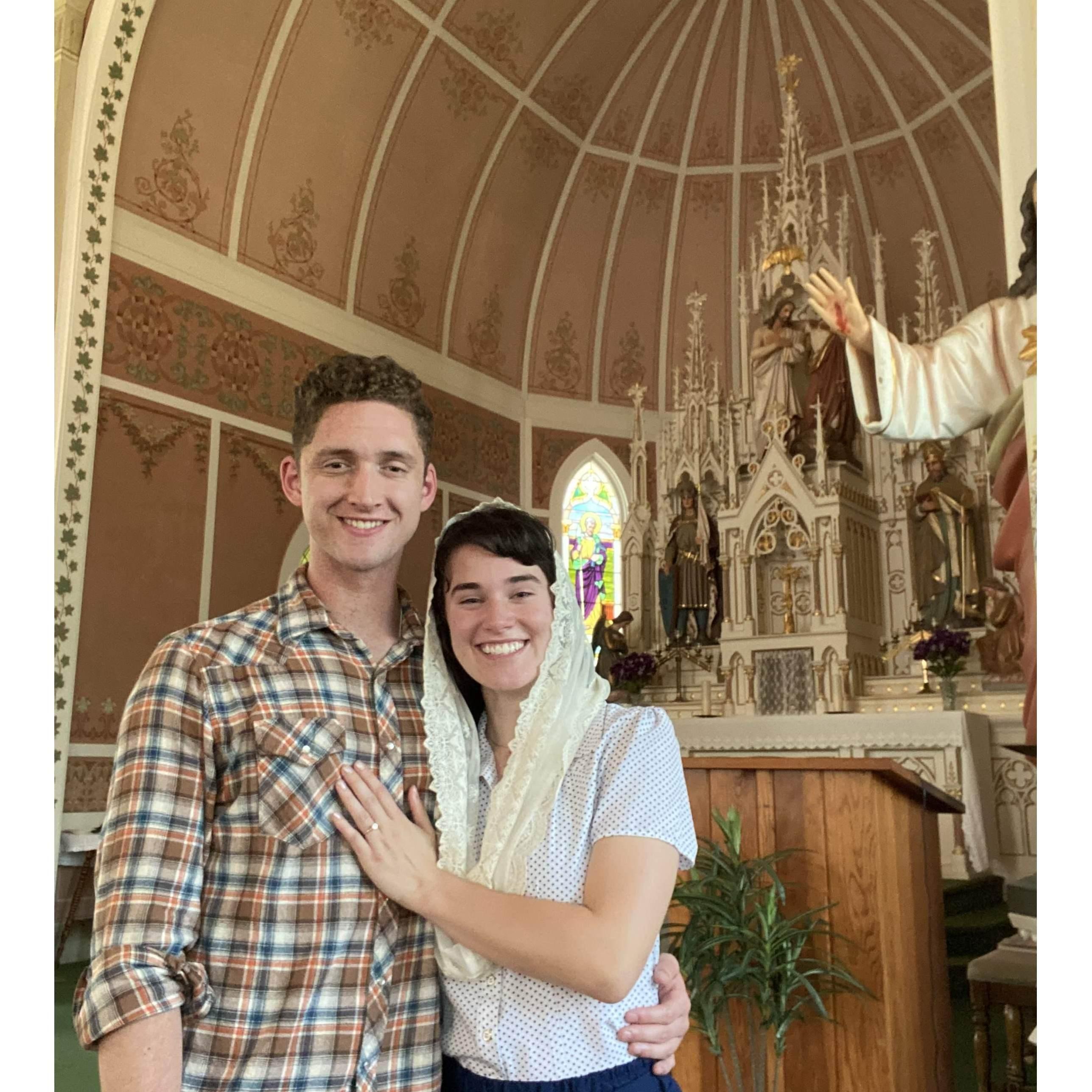 There was no one else in the church when Nathan proposed, so we took our first pictures as an engaged couple by balancing the phone on the piano's music stand!