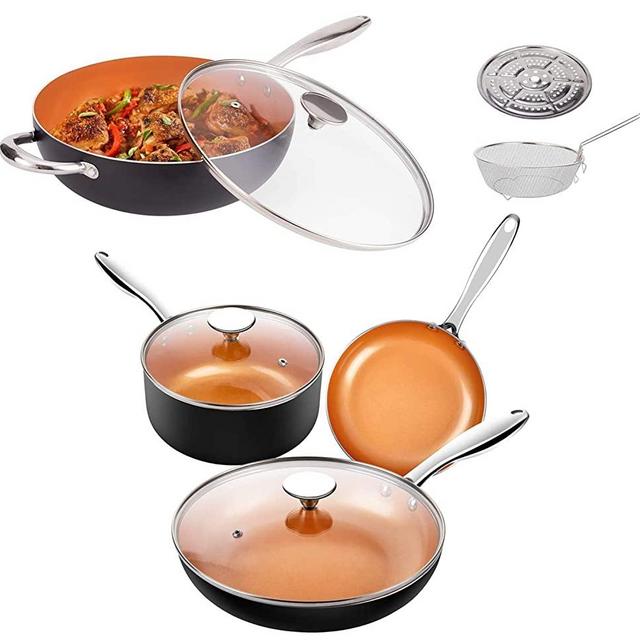 MICHELANGELO 5 Piece Copper Pots and Pans Set + 5 Quart Nonstick Wok Set wih Lid, Nonstick Copper Cookware Set with Ceramic Titanium Coating, Ceramic Cookware Set, OVEN Safe
