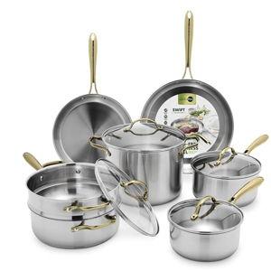 GreenPan 11 Piece Stainless Steel Cookware Set, Induction Ready, Tri-Ply Multiclad Pots & Pans with Lids, Compatible on All Cooktops, Measurement Markings, Dishwasher & Oven Safe, Swift, Gold Handles