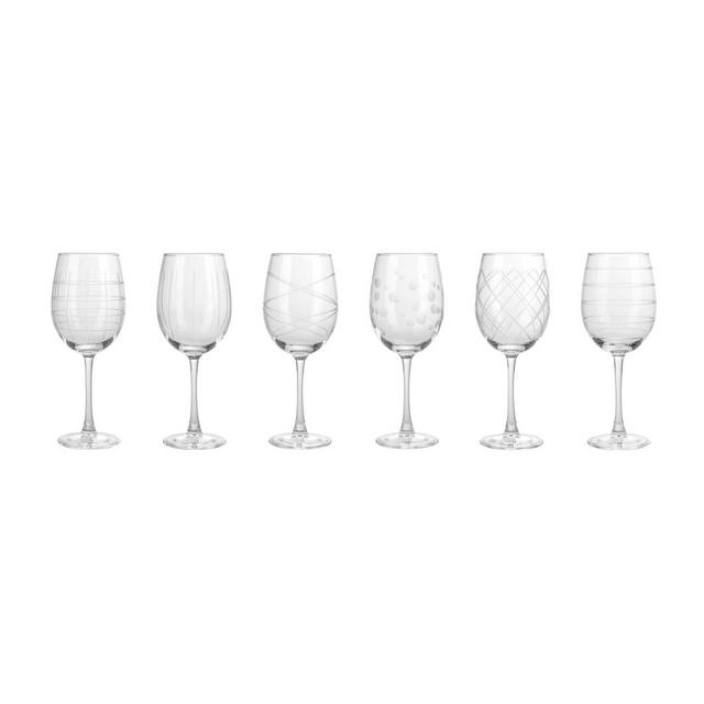 Fifth Avenue Crystal Medallion Wine Glasses Set of 6, 15.5 oz, Long Stem Durable Glass Cups, Textured Etched Patterns