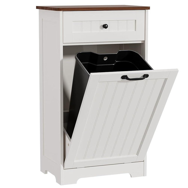 AHB 10 Gallons Tilt Out Trash Cabinet, Hidden Trash Can Kitchen Wooden Tilt Out Pet Proof Hidden Trash Bin for Kitchen Living Room,White