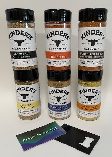Kinders Seasoning Variety 6 Pack Bundle - The Blend, Woodfired Garlic, Buttery Steakhouse, BBQ Blend, Cowboy Butter, and Caramelized Onion Butter Bundled with credit card style bottle opener - 7 items!