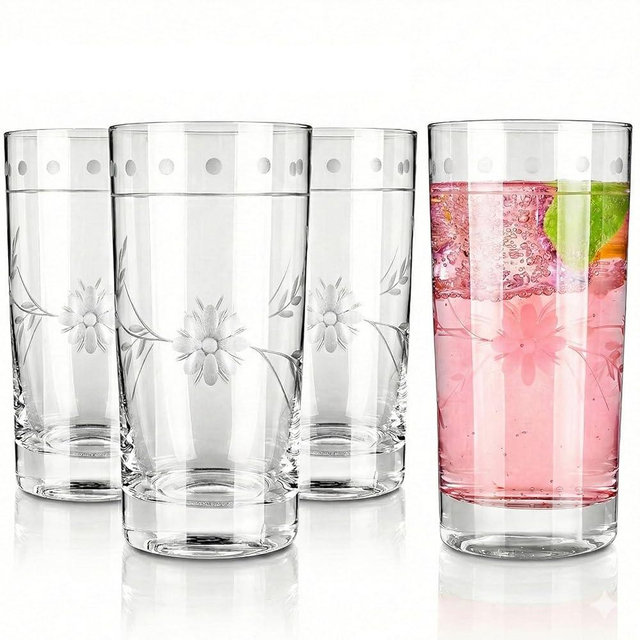 Royalrose Premium Delight Vintage 13.5 oz Water Glasses – Hand-Blown with Etched Floral Pattern, Classic Drinkware for Weddings, Dinners, and Holiday Gifting (Highball Glasses)