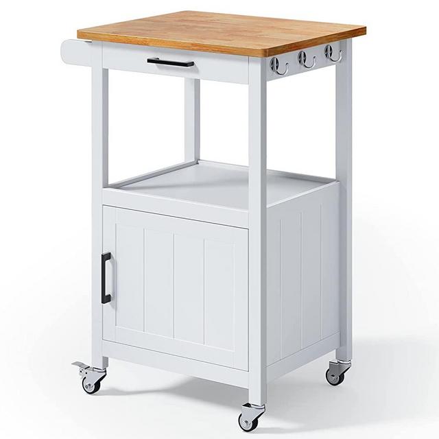 Qsun Rolling Kitchen Island Cart with Storage on Wheels, Small Home Coffee Bar, Microwaves Stand, Kitchen Island Table with Drawer, Storage Cabinet and Side Hook, White…