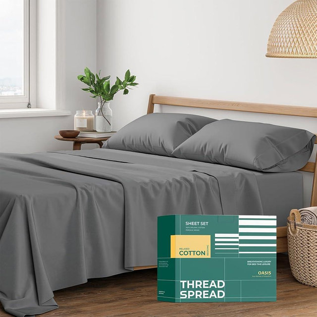 THREAD SPREAD 100% Organic Cotton Sheets Queen Size - 4 PC Organic Cotton Queen Size Percale Weave Sheet Set, Soft, Cooling, Crisp & Breathable, 16" Deep Pocket Hotel Quality Bedding Set - Dark Grey