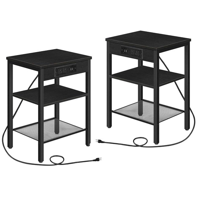 HOOBRO End Table Set of 2 with Charging Station and USB Ports, 3-Tier Nightstands with Adjustable Shelf, Narrow Side Table for Small Space in Living Room, Bedroom and Balcony, Black BB112BZP201