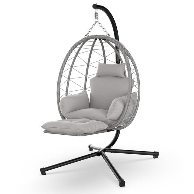 ZENPETIO Hanging Egg Chair with Stand, Removable Leg Rest, UV Resistant Cushion & Pillow, 370lbs Capacity – Indoor & Outdoor Use, Rattan Wicker Swing Egg Chair for Patio, Bedroom, Balcony, Grey