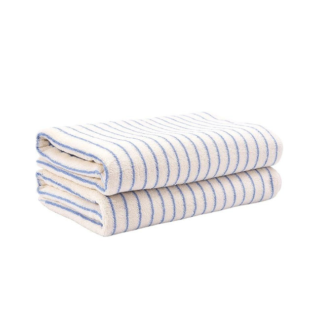 HEAVYWOOD Bath Towels Set of 2 Striped 100% Cotton Reversible, Soft & Absorbent Decorative Bath Towel for Bathroom Clearance (White/Blue Stripe, 2Pack)
