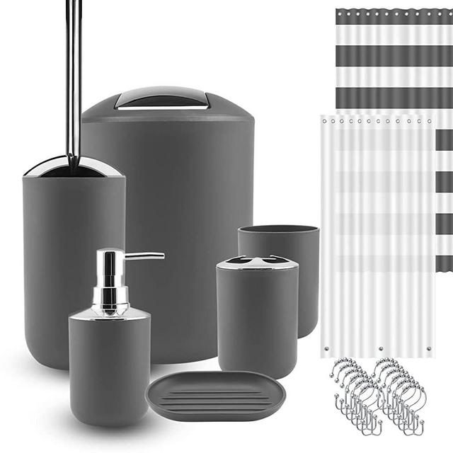 Bathroom Accessories Set, 9 Piece Plastic Gift Set, Shower Curtain Set with Liner and 12 Hooks, Soap Dispenser & Dish, Toothbrush Holder with Cup, Toilet Bowl Brush and Holder, Trash can (Gray)