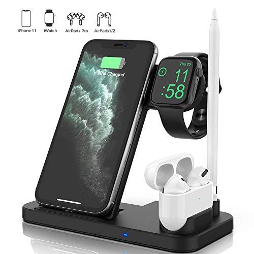 Updated Version 4 in 1 Wireless Charger, Apple Watch & AirPods & Pencil Charging Dock Station, Nightstand Mode for iWatch Series 5/4/3/2/1, Fast Charging for iPhone 11/11 Pro Max/XR/XS Max/Xs/X/8/8P