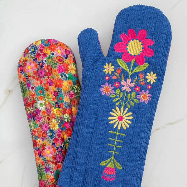 Bake Happy Double-Sided Oven Mitt - Blue Folk Flower Patchwork