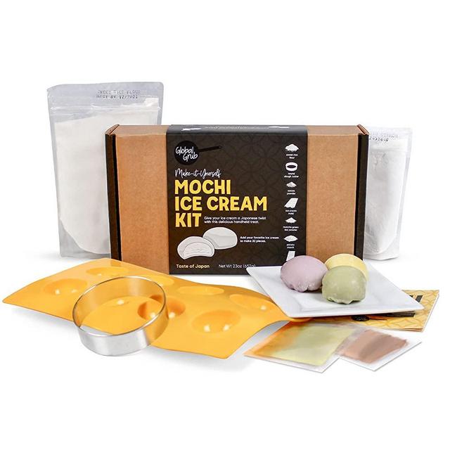 Global Grub DIY Mochi Ice Cream Kit - Mochi Kit Includes Sweet Rice Flour, Potato Starch, Matcha Powder, Cocoa Powder, Ice Cream Mochi Maker, Dough Cutter, Cooking Instructions. Makes 32 Pieces.