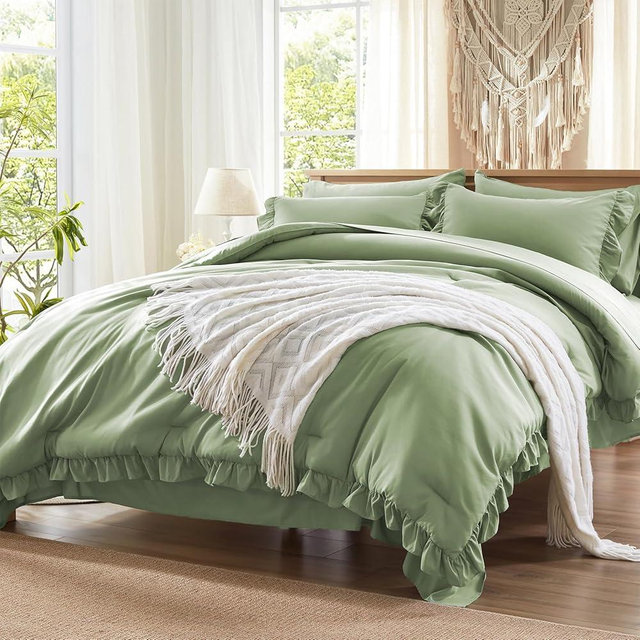 Anluoer Queen Comforter Set 7 Piece, Sage Green Bed in a Bag with Sheets, All Season Ruffle Shabby Chic Bedding Sets with 1 Comforter, 2 Pillow Shams, 2 Pillowcases, 1 Flat Sheet, 1 Fitted Sheet