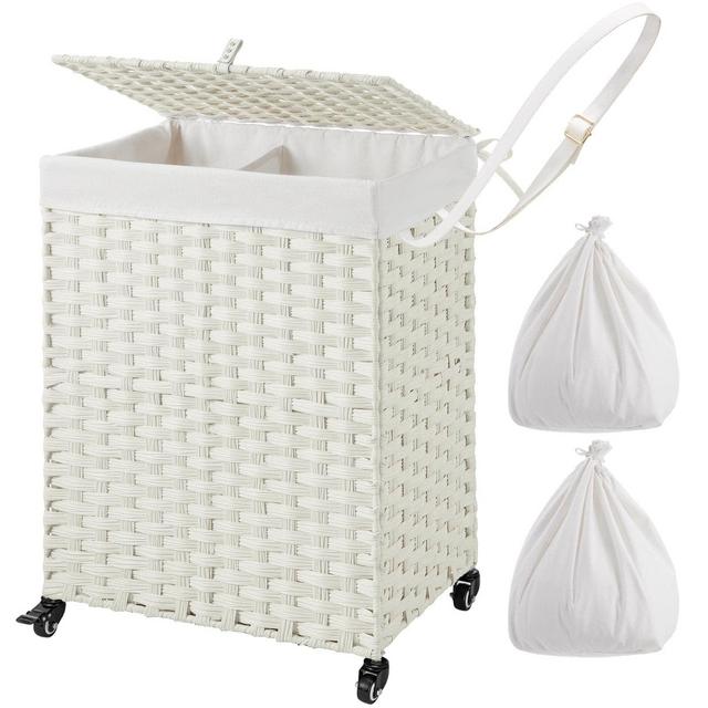 GREENSTELL Laundry Hamper with Wheels 2 Removable Liner Bags, 90L Divided Handwoven Hampers, Synthetic Rattan Clothes Laundry Basket with Lid Handles, Foldable Hampers White 18x13x26.4 in