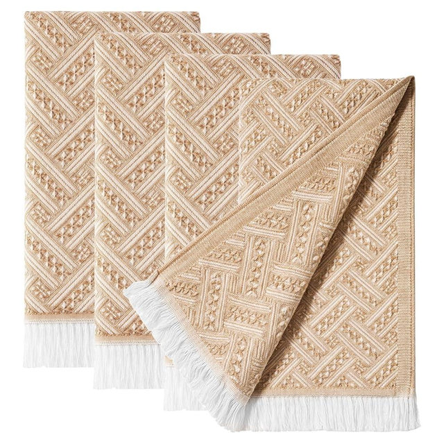 Vidroxin 4-Pack Cotton Bathroom Hand Towels – Boho Cotton Hand Towel Set with Jacquard Weave & Fringe, 13"x29.1" Absorbent Soft Face Set for Kitchen, Bathroom, Guest Tea Gift (Brown, White)