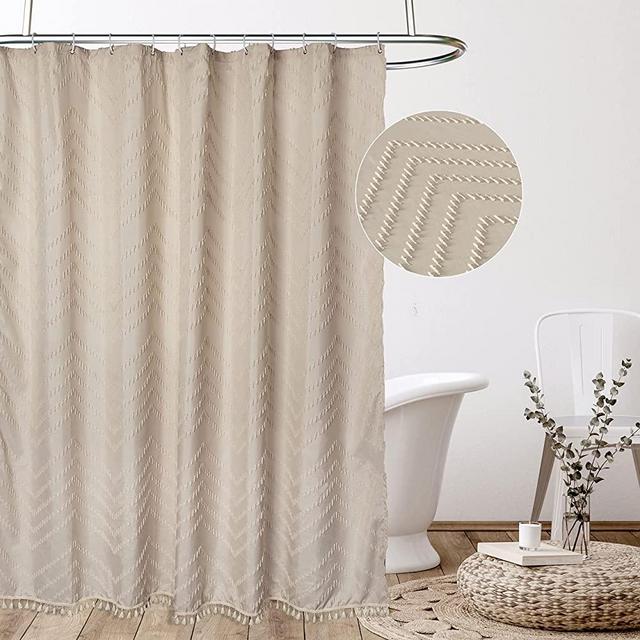 Siiluminisoy Boho Farmhouse Shower Curtain Woven Fabric Cute Beige/Cream Shower Curtain, 72 x 72 Tufted Chevron Textured Striped Modern Farmhouse Minimalist Shower Curtain Set with Hooks for Bathroom