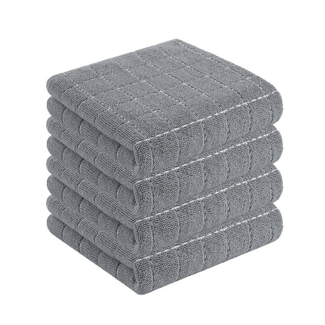 Homaxy 100% Cotton Terry Kitchen Towels(Grey, 13 x 28 inches), Checkered Designed, Soft and Super Absorbent Dish Towels, 4 Pack