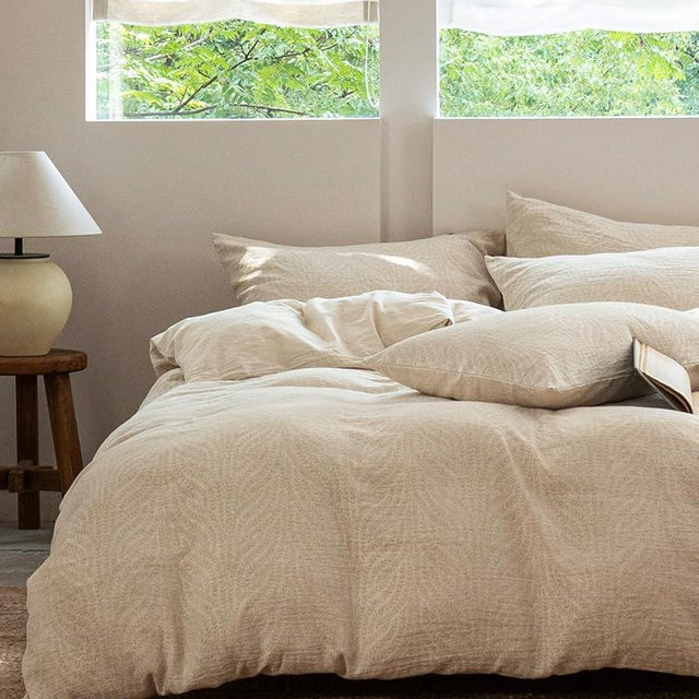 MILDLY Linen Cotton Duvet Cover - Jacquard Textured Wheat Ear Pattern Comforter Cover Set 3pcs with Zipper Closure Breathable & Minimalist for All Season