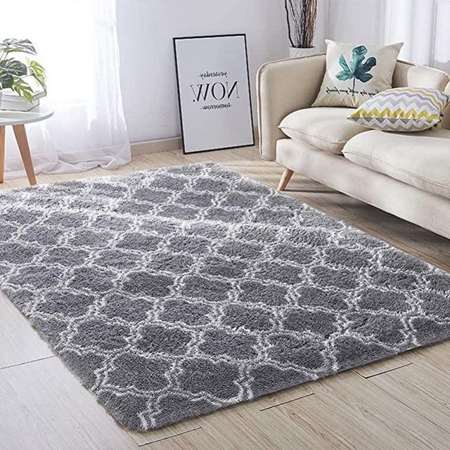 Super Soft Indoor Modern Shag Area Rugs Fluffy Anti Skid Shaggy Area Rug Dining Living Room Carpet Comfy Bedroom Floor Mat 4x5 Feet, Grey Trellis