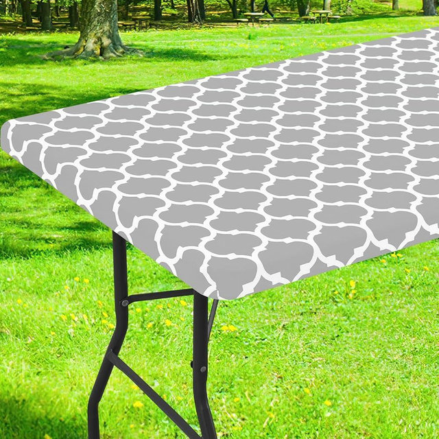 Smiry Rectangle Picnic Table Cover, Waterproof Elastic Fitted Camping Tablecloths for 6 Foot Tables, Wipeable Flannel Backed Vinyl Tablecloth Protector for Indoor, Outdoor (Light Grey, 30x72 Inches)