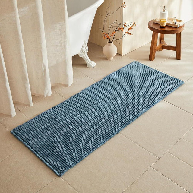 TYUU Waffle Runner Rug Bathroom, Long Boho Bathroom Rugs Non Slip Washable Super Absorbent Quick Dry Farmhouse Bath Decor, 60"x24" Denim Blue