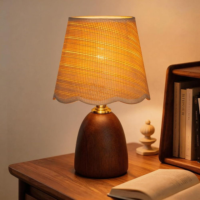 AUGsea 11.4" Solid Walnut Style Wood Small Table Lamp, Boho Bedside Lamp for Mid-Century Modern Decor, 3-Color Dimmable Woven Shade, Aesthetic Nightstand Light for Living Room, E26 LED Bulb Included